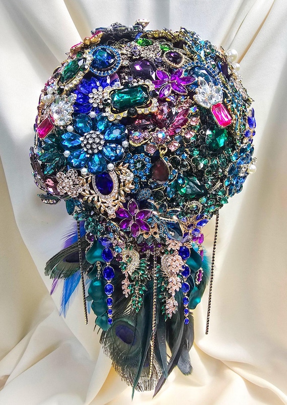 FULL PRICE CUSTOM Cascading Brooch Bouquet Peacock Broach Bouqet Peacock Wedding Teal Purple Gold Pearls Green Blue