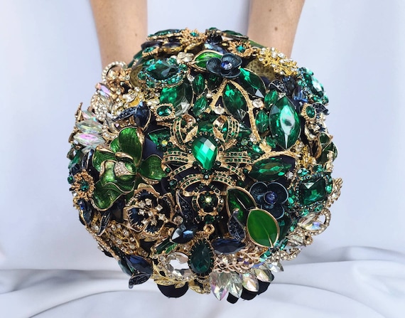 FULL PRICE on CUSTOM Made Bridal Brooch Bouquet Wedding Broach Bouqet Navy Blue Gold Midnight Blue Emerald Hunter Green Bouqet