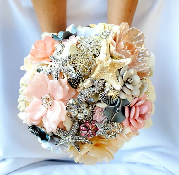 FULL PRICE Large Flower and Brooch Bouquet White Ivory Cream Silver Pearls Pink Peach Blush Coral and Groom Boutonniere CUSTOM Bridal Bouqet