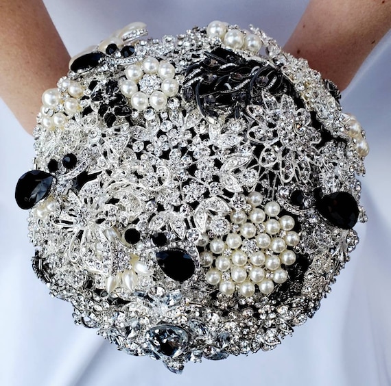 FULL PRICE on a CUSTOM Made Brooch Bouquet Silver Pearl Black White Crystal  Bridal Wedding Jeweled Bouqet