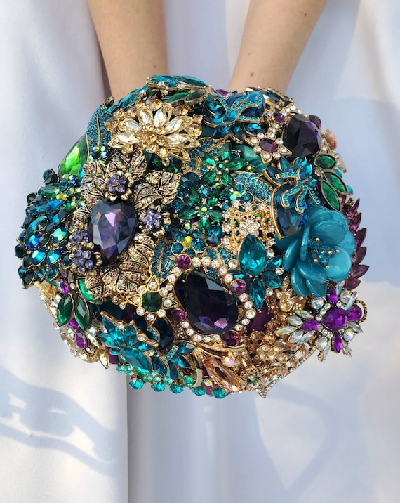 READY to SHIP with Custom Handle Large Bridal Brooch Bouquet for Peacock Jewel Tone Wedding Bouqet