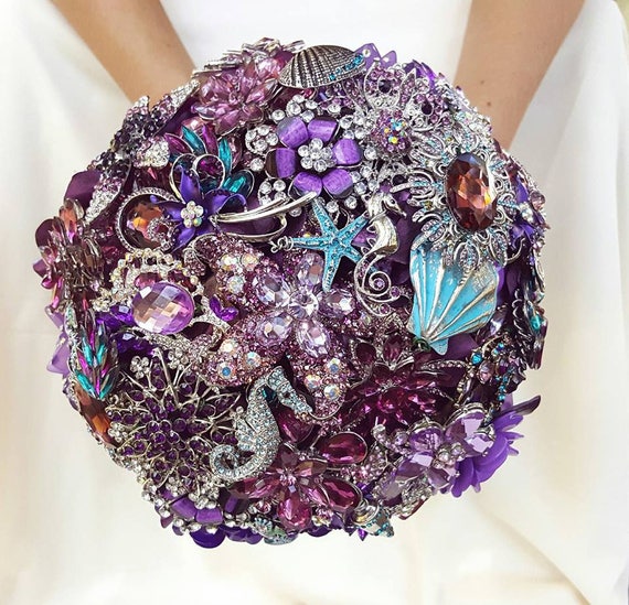 Custom Brooch Bouquet Bridal Broach Bouqet Ocean Beach Sea Inspired Wedding Blue Aqua Silver Teal Crystal Turquoise