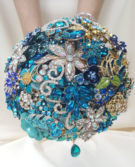 MADE to ORDER Brooch Bouquet Peacock Wedding in Blue Green Gold Teal Crystal Turquoise Purple Crystal