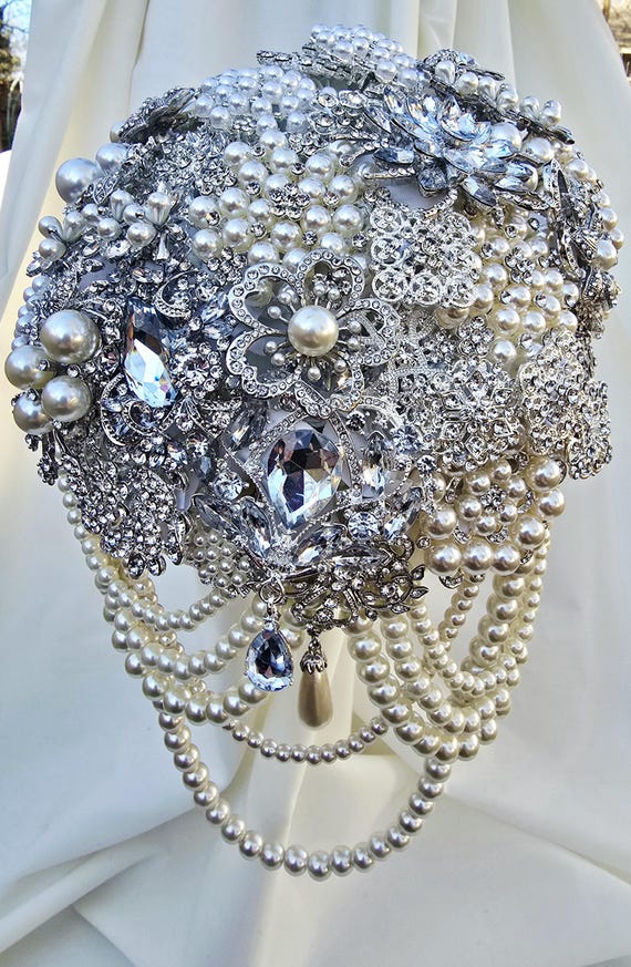 Custom Cascading Brooch Bouquet: Ivory, Silver, Crystals, Pearls