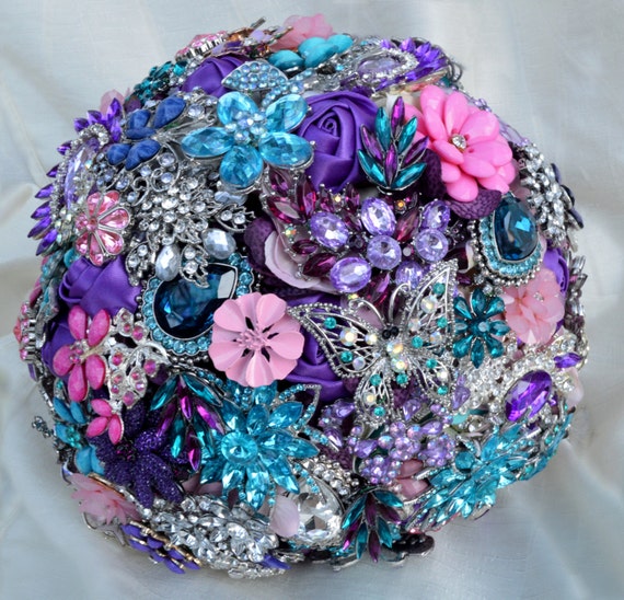 Custom Brooch Bouquet Bridal Broach Bouqet in Pink Blue Silver Purple Teal Crystal Turquoise White