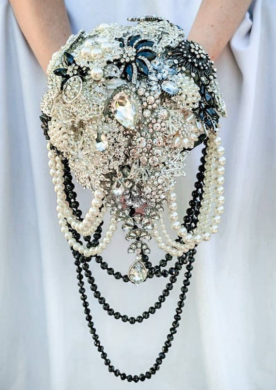 FULL PRICE CUSTOM Made Cascading Bridal Brooch Bouquet Cascade Black White Silver Crystal Pearl Beads