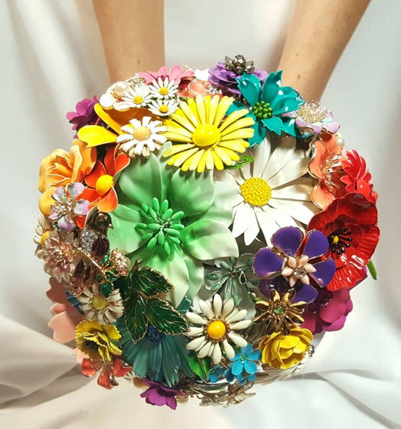 CUSTOM ORDER Vintage Colorful LARGE Bridal Brooch Bouquet Aqua White Daisy Purple Silver Gold Yellow Orange Blue Mint Ivory Broach Bouqet