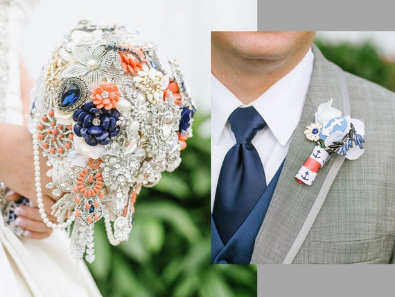 FULL PRICE Bridal Brooch Bouquet and Groom Brooch Boutonniere Package Custom Order Cascading Broach Bouqet Navy White Coral Orange Any Color