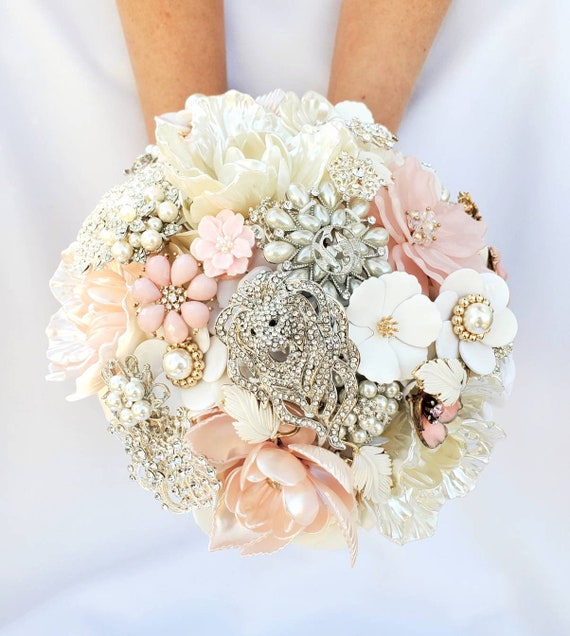 FULL PRICE on a CUSTOM Brooch Bouquet Ivory White Cream Pearl Blush Crystal Salmon Peach Pink Silver Gold Bridal Wedding Broach Bouqet