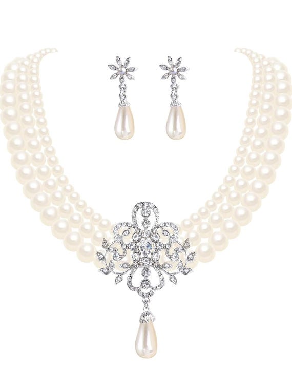 Faux Pearl and Rhinestone Fashion Wedding Accessories Necklace and Earrings Elegant Bridal Set