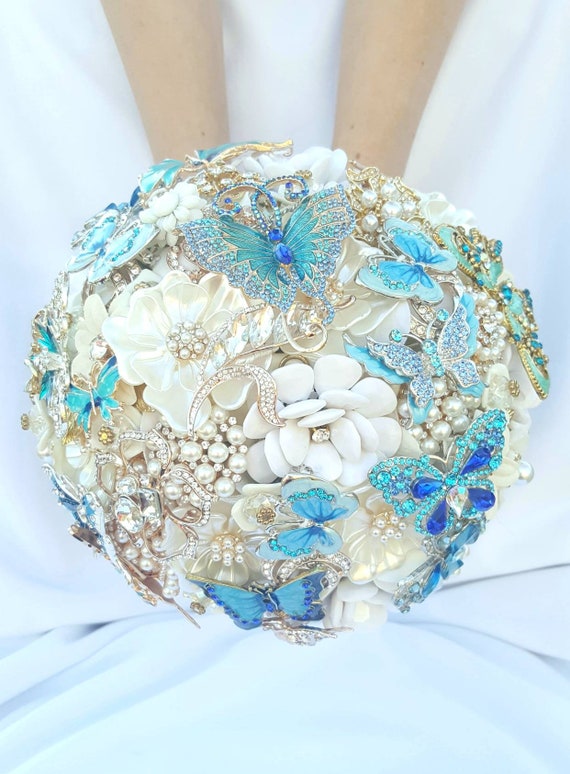 Custom Bridal Brooch Bouquet Wedding Butterfly Broach Bouqet Teal Turquoise White Ivory Rose Gold