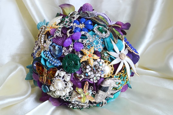 ASSEMBLY SERVICE FULL Price Custom Peacock Bridesmaid Bridal Brooch Bouquet Purple Teal Green Royal Blue Turquoise Seahorse Starfish Pearls