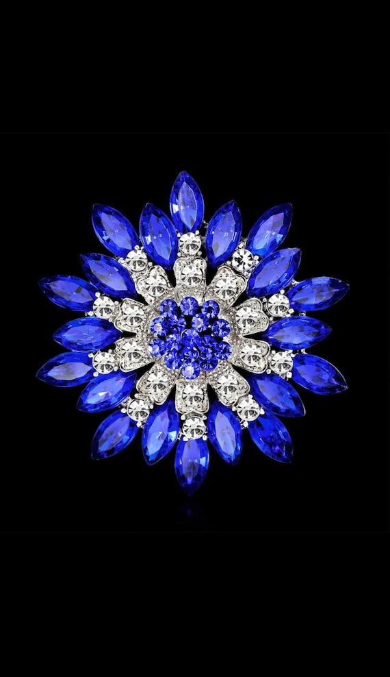 Silver Tone Large Crystal Cobalt Royal Sapphire Blue Rhinestone Brooch Pin