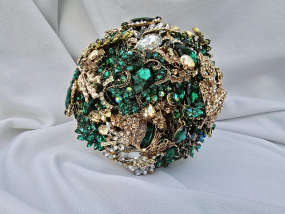 FULL PRICE on CUSTOM Made Bridal Brooch Bouquet Wedding Broach Bouqet Gold Emerald Hunter Green Brown Champagne Bouqet