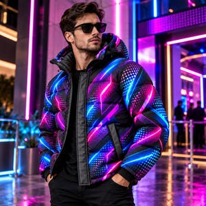Puede incluir: Una chaqueta acolchada negra con un patrón de neón vibrante de rayas de luz rosa y azul brillantes y texturas punteadas. La chaqueta incluye un cuello alto, una capucha, una solapa frontal negra sólida con cierre de cremallera y puños negros.