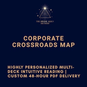 Può includere: Un grafico digitale blu scuro con un logo a triangolo geometrico dorato con linee radianti sopra il testo THE DIVINE ALIGN METHOD, CORPORATE CROSSROADS MAP, e HIGHLY PERSONALIZED MULTI-DECK INTUITIVE READING | CUSTOM 48-HOUR PDF DELIVERY.
