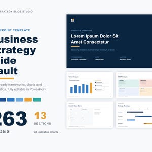 Può includere: Un modello PowerPoint intitolato Business Strategy Slide Vault di Strategy Slide Studio. Include 263 diapositive in 13 sezioni con 46 grafici modificabili. L'immagine mostra una diapositiva del titolo blu scuro e quattro diapositive più piccole con grafici a barre, analisi SWOT, una matrice di crescita e una roadmap strategica.
