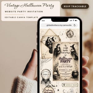 May include: A smartphone displaying a digital Halloween party invitation template with vintage-style illustrations of a vampire, witch, cauldron, skull, and disco ball. The text includes "A Little Mischief... A lot of Magic" and "Halloween PARTY".