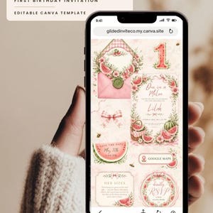 May include: A digital first birthday invitation template displayed on a smartphone screen featuring a One in a Melon theme with watercolor illustrations of watermelons, pink flowers, a gingham bow, and text including Lilah, Save the Date, and RSVP.