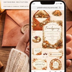 Friendsgiving Website Invitation, Potluck Trackable RSVP & Map, Editable Canva Template, Text Invite, Thanksgiving