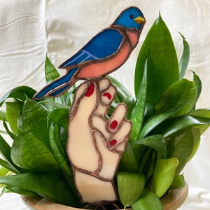 Stained Glass - Perched Blue Bird Plant Stake