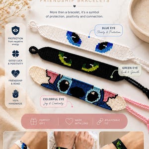May include: Three woven friendship bracelets featuring eye designs: one white with blue eyes, one black with green eyes, and one blue with a character face. Text includes "EVIL EYE FRIENDSHIP BRACELETS" and "SIZE: ADJUSTABLE FITS WRISTS 14 - 22 cm / 5.5 - 8.6 in".