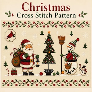 Könnte beinhalten: Ein Weihnachts-Kreuzstichmuster mit dem Text "Christmas Cross Stitch Pattern" oben. Das Design zeigt einen Weihnachtsmann mit Sack, einen geschmückten Weihnachtsbaum, einen Schneemann mit Besen und einen kleinen Schneemann mit einer Zuckerstange.