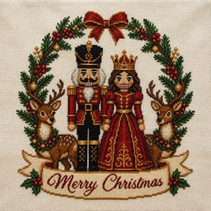 May include: A cross-stitch embroidery on cream fabric featuring a nutcracker and a queen standing together, framed by a wreath of green pine branches, red berries, and two deer. A banner at the bottom displays the text Merry Christmas.