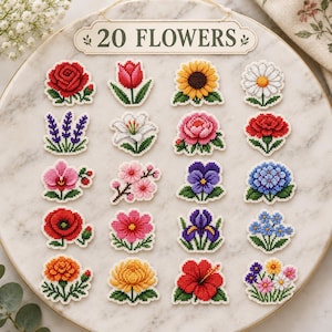 May include: A collection of 20 individual cross-stitch flower patches arranged in a grid on a marble surface. The set includes various floral designs such as roses, tulips, sunflowers, daisies, lavender, and hibiscus in vibrant, multi-colored thread.