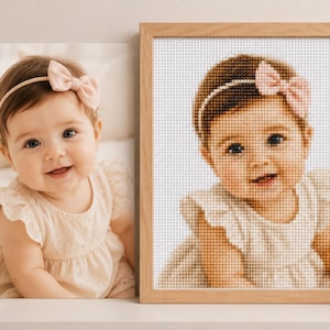 May include: A side-by-side comparison featuring a high-resolution photograph of a baby wearing a light-colored dress and a pink bow headband, next to a framed diamond painting kit that replicates the same image with a visible grid of small beads.
