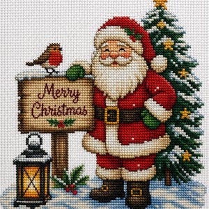 May include: A cross-stitch embroidery featuring Santa Claus in a red suit with white trim, standing next to a wooden sign that reads Merry Christmas. A small robin sits on the sign, a lit lantern is at the base, and a decorated pine tree stands nearby.