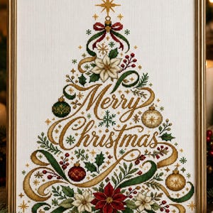 Könnte beinhalten: Eine gerahmte Kreuzstichstickerei auf weißem Stoff, die einen Weihnachtsbaum zeigt, geformt aus dem goldenen Schreibschrifttext Merry Christmas, verziert mit roten und weißen Weihnachtssternen, grünen Stechpalmenblättern, roten Beeren und goldenen Kugeln.