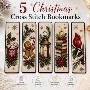 Peut inclure: Cinq marque-pages rectangulaires au point de croix avec des motifs de Noël : un mug de cacao, un bonhomme en pain d'épices, une lanterne, une pile de livres avec une bougie et un cardinal rouge. Le texte indique 5 Christmas Cross Stitch Bookmarks.