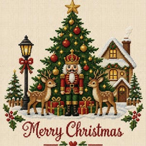 Può includere: Un motivo a punto croce con uno schiaccianoci centrale, un albero di Natale decorato, due cervi, una casa innevata e un lampione. Il testo Merry Christmas è ricamato in rosso nella parte inferiore con un piccolo cuore rosso e foglie verdi.
