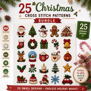 Puede incluir: Un paquete digital de 25 patrones de punto de cruz navideños con iconos como Santa, un muñeco de nieve, hombre de jengibre, reno, adornos y un árbol. La imagen incluye etiquetas de texto para funciones de PDF, tabla de colores y símbolos.