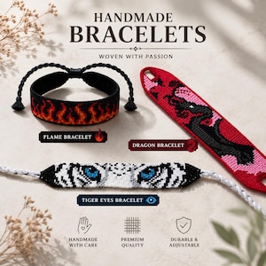 Handmade Woven Friendship Bracelets, Flame Dragon and Tiger Eyes Macrame Bracelet Cross stitch