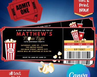 Movie Ticket Birthday Invitation, Movie Birthday Invitation, Movie Party Invitation, 7x2.5, Edit NOW with Canva! INSTANT DOWNLOAD