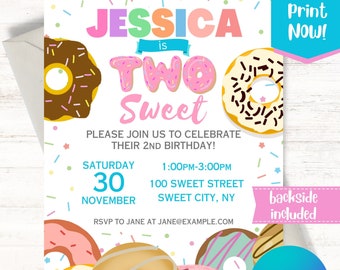 Two Birthday Invite Two Sweet Second Birthday Invite 2nd Birthday Invitation Donut Party ...