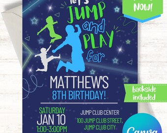 Jump Party Neon Invitation, Trampoline Neon Invitation, Boys Jump Invite, Trampoline Party, Jump Party Ideas, Canva Template Invitation