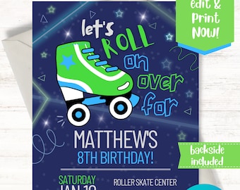 Roller Skating Neon Invitation, Skating Birthday Invitation, Boys Skating Canva Invitation, Neon Skating Party, Skating Party Ideas, Skating
