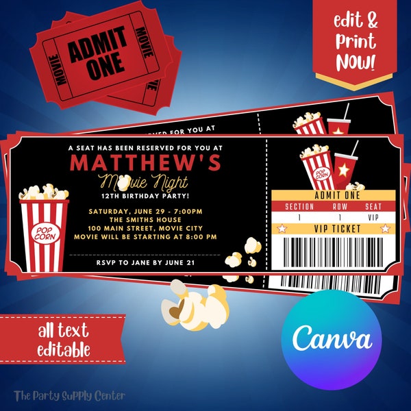 Movie Ticket Birthday Invitation, Movie Birthday Invitation, Movie Party Invitation, 7x2.5, Edit NOW with Canva! INSTANT DOWNLOAD