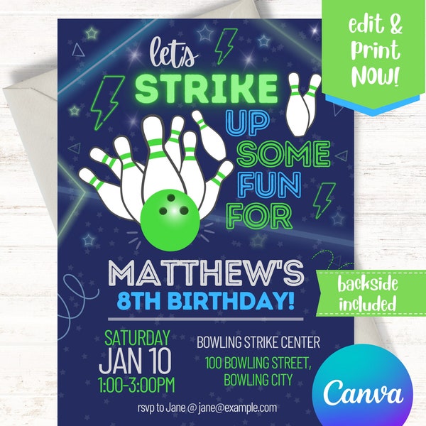 Bowling Neon Invitation, Bowling Neon Invitation, Boys Bowling Party Invite, Bowling Party, Bowling Party Ideas, Instant Canva Invite