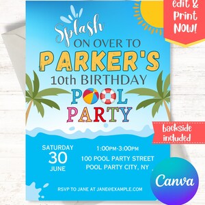 Pool Party Invitation, Splash Party Invitation, Swimming Birthday Party Invite, Pool Party, Splash On Over Party, Summer Birthday Party!