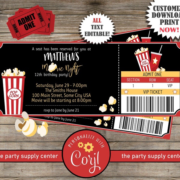 Movie Ticket Birthday Invitation, Movie Birthday Invitation, Movie Party Invitation, 7x2.5, Edit NOW with Corjl! INSTANT DOWNLOAD