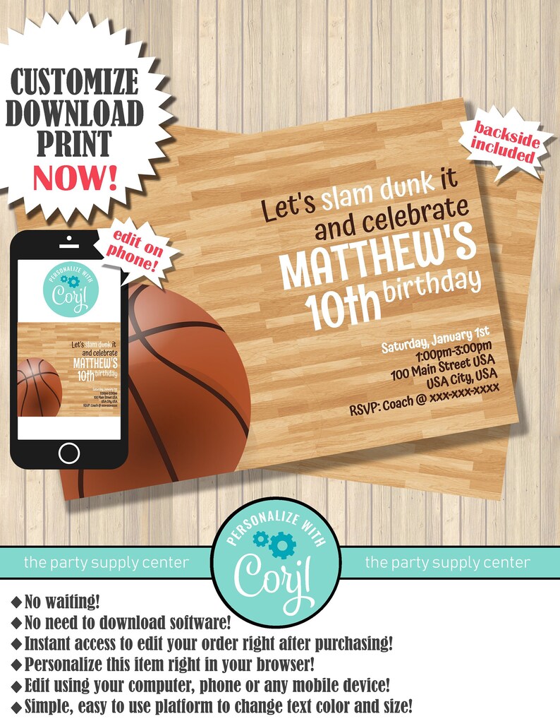 Basketball Birthday Party Invitation Basketball Birthday Etsy