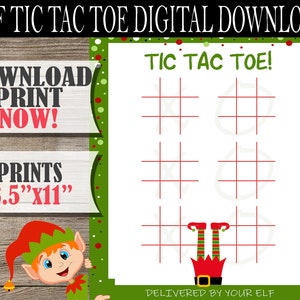 May include: Digital download of an Elf Tic Tac Toe game. The design features a white background with red grid lines for the game, and the text "TIC TAC TOE!". The image also includes an elf graphic and the text "DELIVERED BY YOUR ELF". The print size is 21.59cm x 27.94cm.