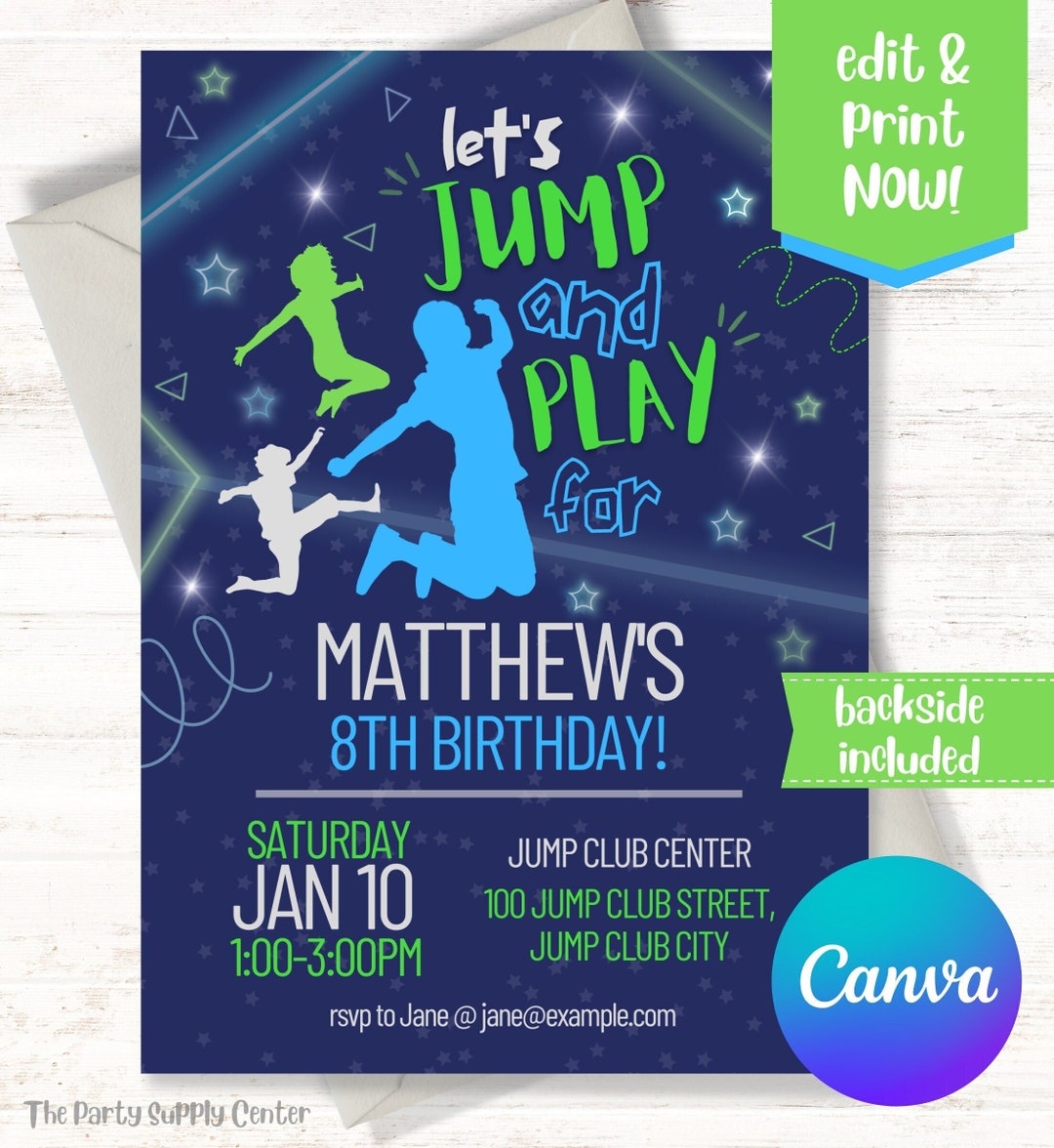 Jump Party Neon Invitation Trampoline Neon Invitation Boys Etsy