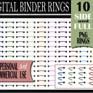 May include: A digital sheet with 10 different colors of binder rings, both side and full views. The sheet includes the text "DIGITAL BINDER RINGS 10 SIDE and FULL PNG RINGS for PERSONAL and COMMERCIAL USE".