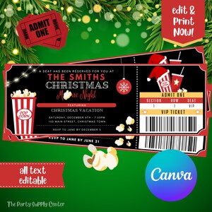 Christams Movie Ticket Invitation | Christmas Movie Invitation | Christmas Party | Christmas Movie | 7x2.5, Edit on Canva! INSTANT DOWNLOAD