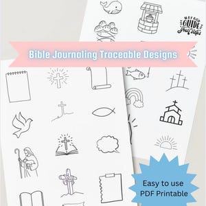 May include: Two white sheets of paper featuring black line art illustrations for Bible journaling. Designs include a dove, a cross, a fish, a shepherd, a rainbow, a church, and the text "MAY GOD GUIDE your steps" and "Easy to use PDF Printable."